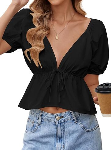 Remidoo Women's Sexy Deep V Neck Peplum Tops Ruffle Hem Puff Short Sleeve Crop Top Blouse in Saudi Arabia