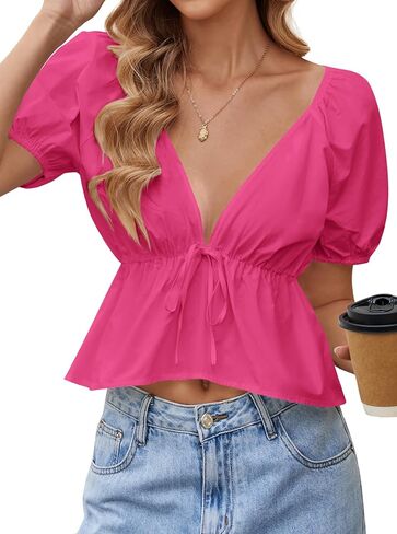 Remidoo Women's Sexy Deep V Neck Peplum Tops Ruffle Hem Puff Short Sleeve Crop Top Blouse in Saudi Arabia