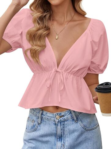 Remidoo Women's Sexy Deep V Neck Peplum Tops Ruffle Hem Puff Short Sleeve Crop Top Blouse in Saudi Arabia