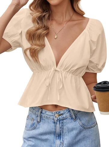 Remidoo Women's Sexy Deep V Neck Peplum Tops Ruffle Hem Puff Short Sleeve Crop Top Blouse in Saudi Arabia