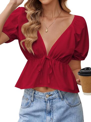 Remidoo Women's Sexy Deep V Neck Peplum Tops Ruffle Hem Puff Short Sleeve Crop Top Blouse in Saudi Arabia