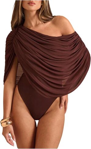 SweatyRocks Women's Off The Shoulder Asymmetrical Sheer Shawl Sleeve Thong Bodysuit Shirt Ruched Tops in Saudi Arabia