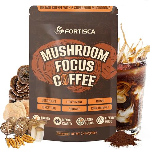 FORTISCA Mushroom Coffee (7.41oz), 6 in 1 Instant Coffee with Cordyceps, Reish, King Trumpet, Shitake, Turkey Tail, Lions Mane for Energy, Focus, Mood & Immune Support 210g in Saudi Arabia