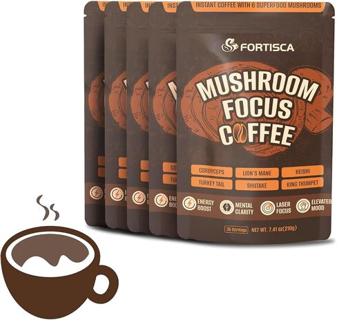 FORTISCA Mushroom Coffee (7.41oz), 6 in 1 Instant Coffee with Cordyceps, Reish, King Trumpet, Shitake, Turkey Tail, Lions Mane for Energy, Focus, Mood & Immune Support 210g in Saudi Arabia