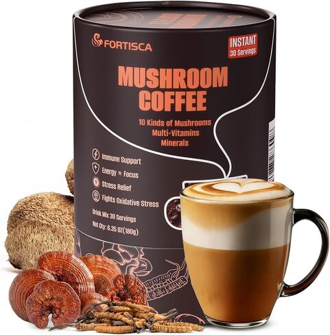 FORTISCA Mushroom Coffee (7.41oz), 6 in 1 Instant Coffee with Cordyceps, Reish, King Trumpet, Shitake, Turkey Tail, Lions Mane for Energy, Focus, Mood & Immune Support 210g in Saudi Arabia