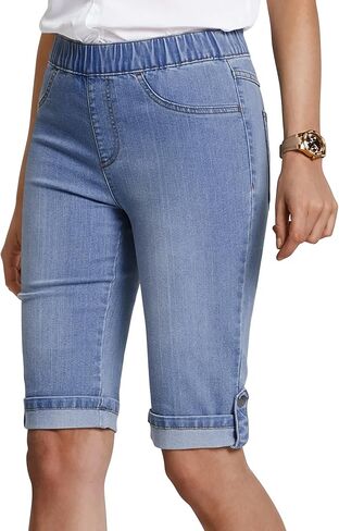BISUAL شورتات جينز للنساء مرونة الخصر سحب على شورت برمودا طول الركبة بسط نحيل الدينيم Jorts مع جيوب in Kuwait