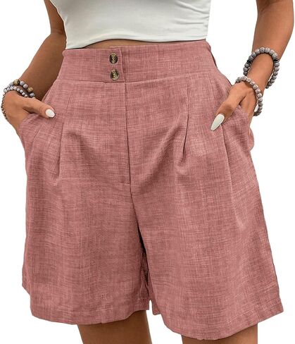 Womens Shorts Casual 2026 Summer Button Elastic High Waist Pleated Bermuda with Pockets Comfy Beach Vacation Clothes in Saudi Arabia
