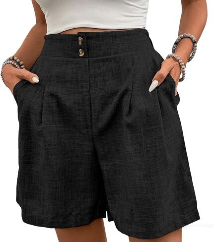 Womens Shorts Casual 2026 Summer Button Elastic High Waist Pleated Bermuda with Pockets Comfy Beach Vacation Clothes in Saudi Arabia