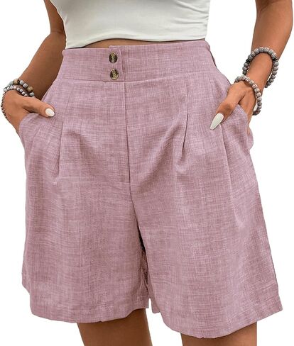 Womens Shorts Casual 2026 Summer Button Elastic High Waist Pleated Bermuda with Pockets Comfy Beach Vacation Clothes in Saudi Arabia