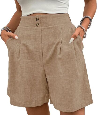 Womens Shorts Casual 2026 Summer Button Elastic High Waist Pleated Bermuda with Pockets Comfy Beach Vacation Clothes in Saudi Arabia