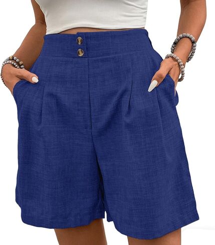 Womens Shorts Casual 2026 Summer Button Elastic High Waist Pleated Bermuda with Pockets Comfy Beach Vacation Clothes in Saudi Arabia
