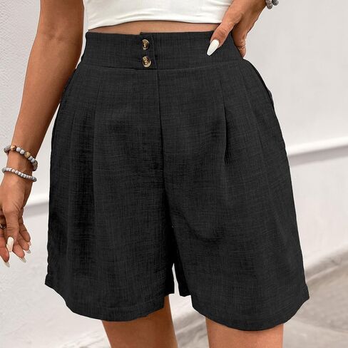 Womens Shorts Casual 2026 Summer Button Elastic High Waist Pleated Bermuda with Pockets Comfy Beach Vacation Clothes in Saudi Arabia