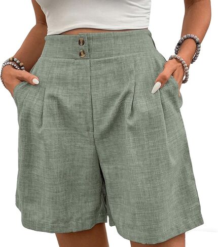 Womens Shorts Casual 2026 Summer Button Elastic High Waist Pleated Bermuda with Pockets Comfy Beach Vacation Clothes in Saudi Arabia