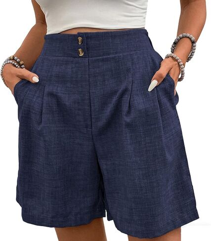 Womens Shorts Casual 2026 Summer Button Elastic High Waist Pleated Bermuda with Pockets Comfy Beach Vacation Clothes in Saudi Arabia