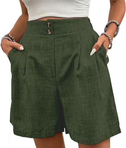 شورت حريمي كاجوال 2026 صيفي بأزرار مرنة عالية الخصر مطوي برمودا مع جيوب ملابس مريحة لقضاء العطلات على الشاطئ in Kuwait