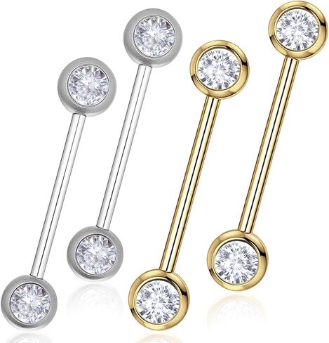 2 Pairs Gold Sliver Round Nipple Rings, Stainless Steel Circular Rhinestone Barbell Tongue Rings Set, Nipple Piercing Barbell Ring Jewelry for Women Men in Saudi Arabia