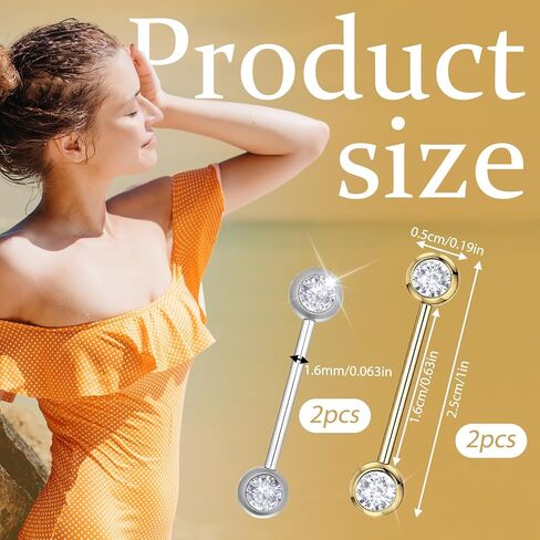 2 Pairs Gold Sliver Round Nipple Rings, Stainless Steel Circular Rhinestone Barbell Tongue Rings Set, Nipple Piercing Barbell Ring Jewelry for Women Men in Saudi Arabia