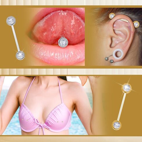 2 Pairs Gold Sliver Round Nipple Rings, Stainless Steel Circular Rhinestone Barbell Tongue Rings Set, Nipple Piercing Barbell Ring Jewelry for Women Men in Saudi Arabia