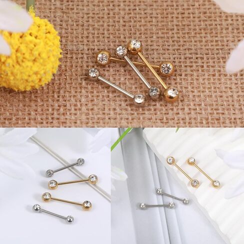 2 Pairs Gold Sliver Round Nipple Rings, Stainless Steel Circular Rhinestone Barbell Tongue Rings Set, Nipple Piercing Barbell Ring Jewelry for Women Men in Saudi Arabia