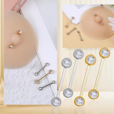 2 Pairs Gold Sliver Round Nipple Rings, Stainless Steel Circular Rhinestone Barbell Tongue Rings Set, Nipple Piercing Barbell Ring Jewelry for Women Men in Saudi Arabia