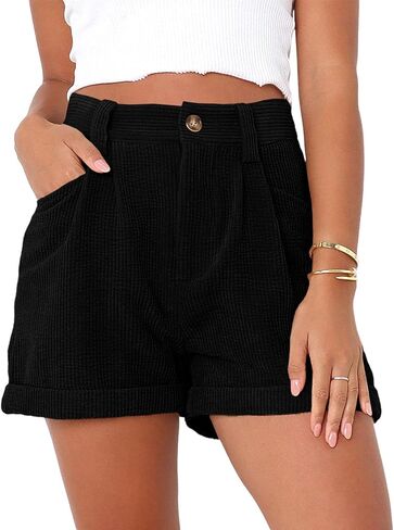 loveimgs Women's Casual Button High Waist Corduroy Shorts Cuffed Hem Solid Shorts Trousers with Pockets in Saudi Arabia