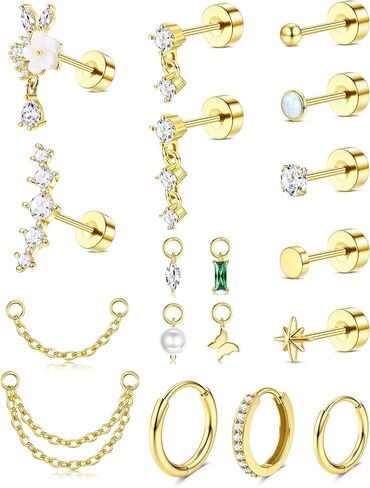 ORAZIO 16G Cartilage Earrings for Women - 14K Gold Plated Flat Back Earrings Hypoallergenic Surgical Stainless Steel Stud Hoop Earrings Set for Sensitive Ears Daith Conch Tragus Helix Piercing Jewelry in Saudi Arabia