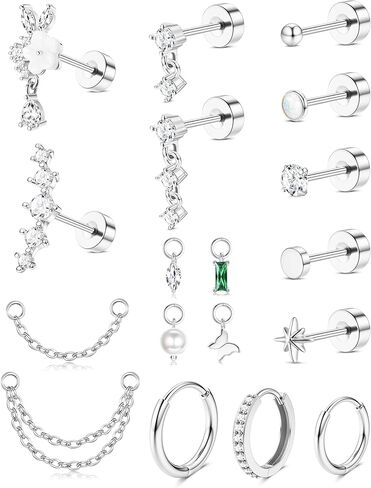 ORAZIO 16G Cartilage Earrings for Women - 14K Gold Plated Flat Back Earrings Hypoallergenic Surgical Stainless Steel Stud Hoop Earrings Set for Sensitive Ears Daith Conch Tragus Helix Piercing Jewelry in Saudi Arabia