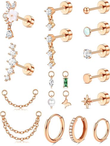 ORAZIO 16G Cartilage Earrings for Women - 14K Gold Plated Flat Back Earrings Hypoallergenic Surgical Stainless Steel Stud Hoop Earrings Set for Sensitive Ears Daith Conch Tragus Helix Piercing Jewelry in Saudi Arabia