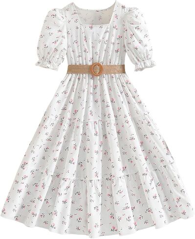 OYOANGLE Girl's Floral Dress Short Puff Sleeve Square Neck Ruffle A Line Midi Tiered Dress Vacation Sundress in Saudi Arabia