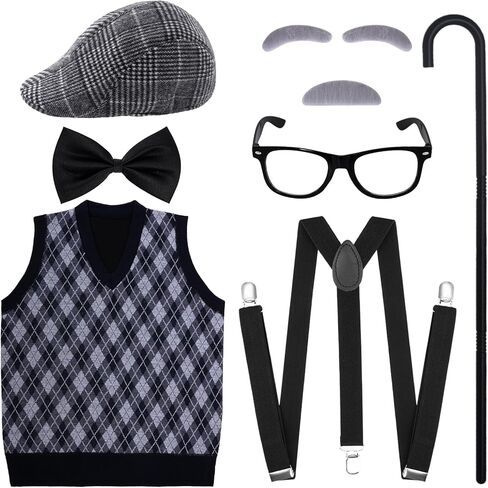 7Pcs 100 Days of School Men Costume, 100 Days of School Man Costume for Halloween Grandpa Costume 1920s Old Man Outfit in Saudi Arabia
