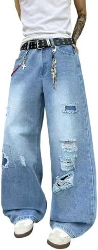 بنطال جينز رجالي واسع الساق ممزق فضفاض هيب هوب Y2k مريح وفضفاض من قماش الدنيم ملابس الشارع in Kuwait