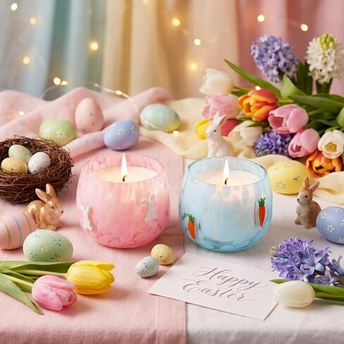 Treela Set of 2 Decorative Spring Easter Candles, 7oz Bunny & Carrot Soy Wax Icon Glass Jar Candles, Spring Home Table Centerpiece Decor, Easter Gift for Women Party Favor in Saudi Arabia