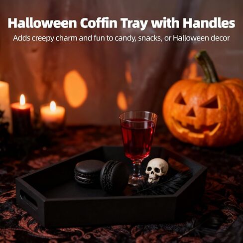 Halloween Coffin Tray, Gothic Coffin Shape Serving Board with Built-in Handles, Black Halloween Spooky Decor, Creepy Wooden Serving Tray for Candy, Snacks, Charcuterie, Jewelry, Makeup in Saudi Arabia