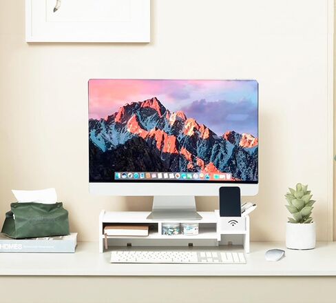 حامل حامل الشاشة، رف حامل الكمبيوتر المحمول مع درج منظم (أبيض) in Kuwait