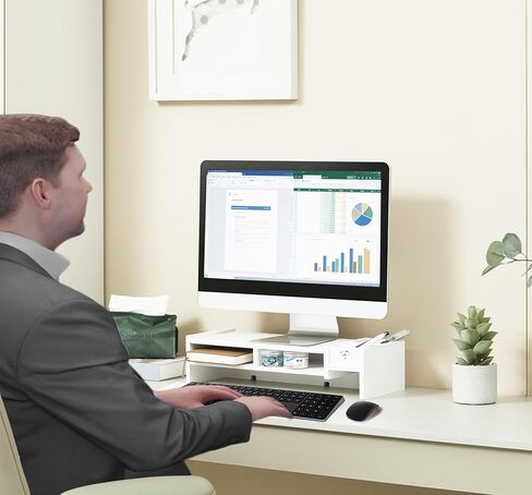 حامل حامل الشاشة، رف حامل الكمبيوتر المحمول مع درج منظم (أبيض) in Kuwait