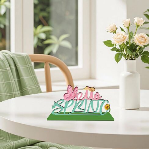 لافتة طاولة خشبية Hello Spring مع قاعدة زنبركية ديكورات سطح الطاولة للمنزل والمكتب ورف رف رف داخلي للعطلات صينية متدرجة هدية ديكور حفلات الربيع in Saudi Arabia