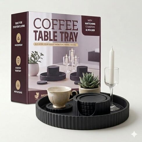 Decorative Coffee Table Ottoman Tray with Coasters | Modern Neutral Home Decor Accent | Console Table Decor | Kitchen Table Centrepiece | Luxury Apartment Decor | Decorative Centerpieces for Tables in Saudi Arabia