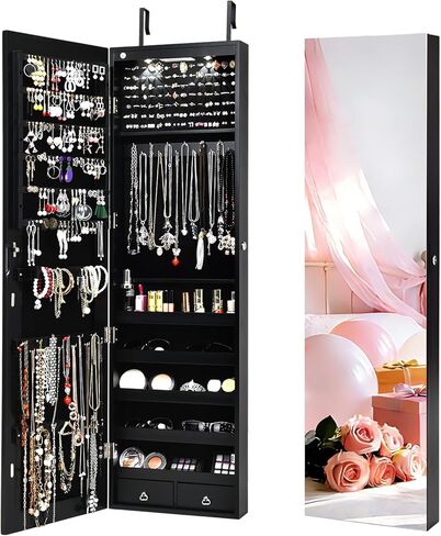 مرآة NAFORT 2 LED كاملة الطول مع خزانة مجوهرات ومنظمات مجوهرات وتخزين مع خيارين للتركيب، خزانة مجوهرات بارتفاع 47.5 بوصة مع درجين، صندوق مجوهرات قابل للقفل والمكياج، بني ريفي in Kuwait