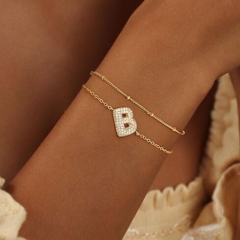 14 Gold Plated Dainty Layered Initial Charm Bracelets for Women Chunky Non Tarnish Bubble Balloon Letter A-Z Monogram Adjustable Link Chain Bracelet Bridesmaid Birthday Womens Jewelry Gifts Trendy in Saudi Arabia