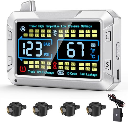 Tire Pressure Monitoring System 4 Flow Thru Sensors 0-188PSI 4.3" Color Screen up to 43 Tires RV TPMS with 6 Alerts Monitor for Trailer/Truck/Camper/5th Wheel,Signal Booster/No Removal Inflation in Kuwait