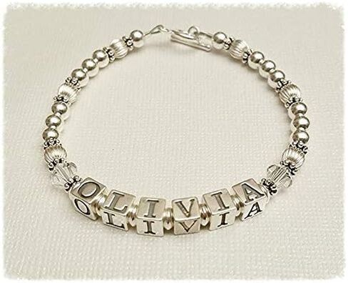 Personalized Sterling Silver Beaded Name Bracelet, Letter Block Beads, Custom Jewelry in Saudi Arabia