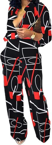 جمبسوت نسائي أنيق من Xinlees كاجوال برقبة على شكل حرف V وأكمام طويلة وسروال طويل قابل للتمدد وزر وجيوب ونوادي الحفلات in Kuwait