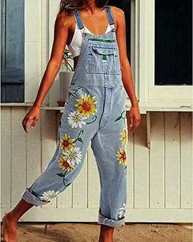 Women's Flower Print Stretch Jeans Long Denim Bib Overalls Cute Sunflowers Denim Strap Jumpsuits in Saudi Arabia