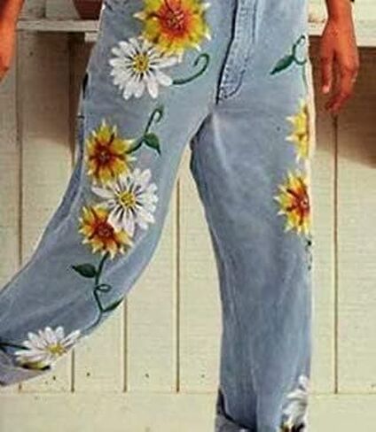Women's Flower Print Stretch Jeans Long Denim Bib Overalls Cute Sunflowers Denim Strap Jumpsuits in Saudi Arabia