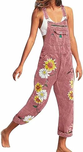 Women's Flower Print Stretch Jeans Long Denim Bib Overalls Cute Sunflowers Denim Strap Jumpsuits in Saudi Arabia