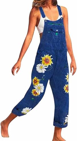 Women's Flower Print Stretch Jeans Long Denim Bib Overalls Cute Sunflowers Denim Strap Jumpsuits in Saudi Arabia