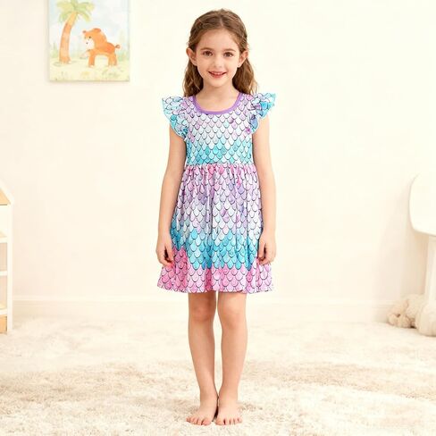 Girls Mermaid Dress Flutter Short Sleeve Skirt Kids Floral Printed Casual A Line Twirly Dresses Playwear in Saudi Arabia