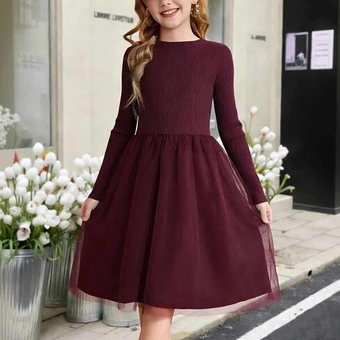 Girls Long Sleeve Tulle Round Neck Dress A Line Midi Princess Solid Dresses Special Occasion Party Outfit in Saudi Arabia