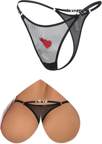 comeondear G-String Thongs for Women Mesh Heart Embroidery Adjustable Thongs Rhinestone Cheeky Sexy Underwear Panties in Saudi Arabia
