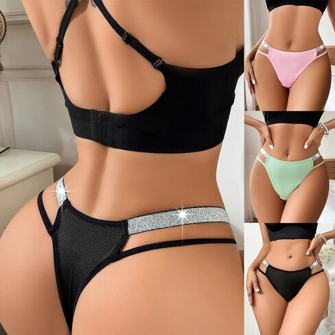 Women's Sexy Rhinestone Glitter Side Thong, G String Thong Low Rise Stretchy Comfortable Underwear Panty Black in Saudi Arabia